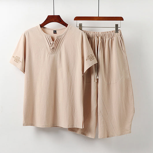 Conjunto Asiático: Blusa Bordada Manga Corta y Pantalón Capri Lino Algodón - Image 8