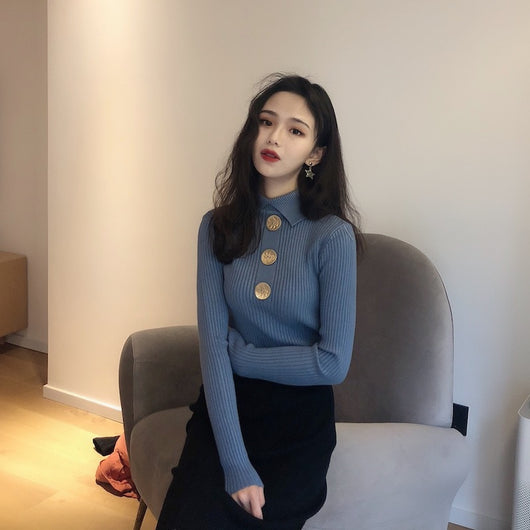 Suéter Tipo Camisa con Cuello Alto y Botones para Mujer - Image 8