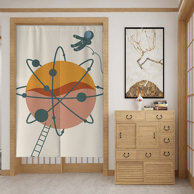 Fabric door curtain with a modern botanical design, featuring large green leaves, a snail, and geometric shapes. - Image 7