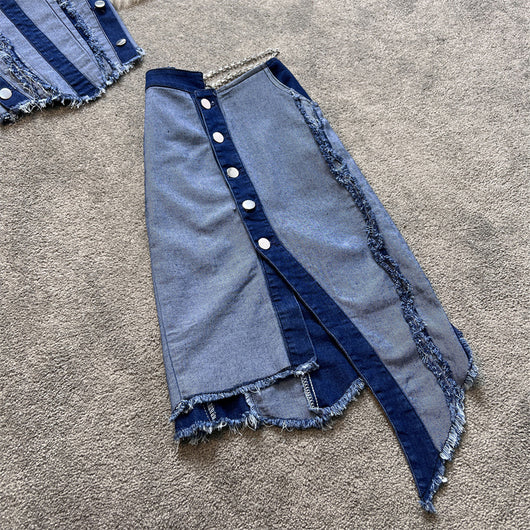 Conjunto Denim Tube Top con Falda Corta Irregular - Image 3