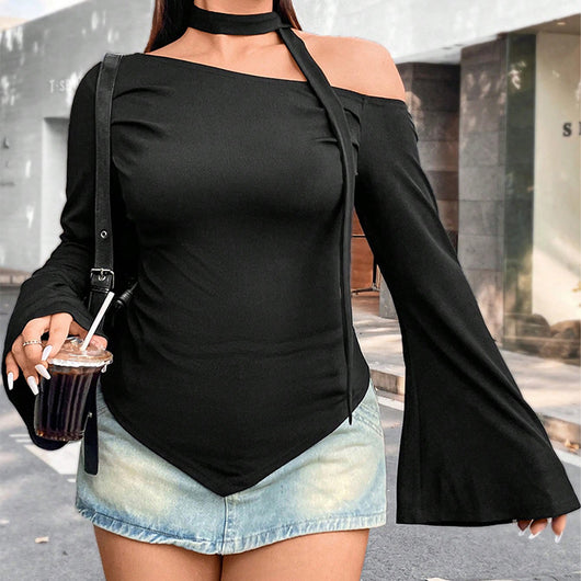 Blusa Asimétrica Ajustada de Manga Larga con Hombro Descubierto - Image 4