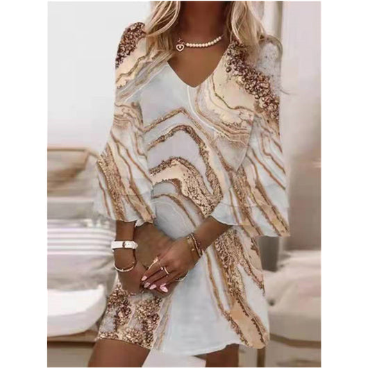 Vestido V-Neck con Volantes y Estampado de Mármol Dorado - Image 7