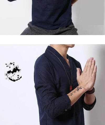 Camisa Lino Manga Larga Estilo Chino Retro para Hombre - Image 7