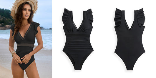 Light blue one-piece swimsuit with mesh stitching, ruffled sleeves, and a V-neck, modeled on a beach. - Image 14