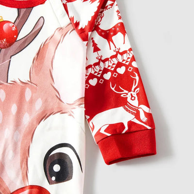 Red and white matching family Christmas pajamas with cartoon reindeer, Christmas trees, and snowman patterns. - Image 18