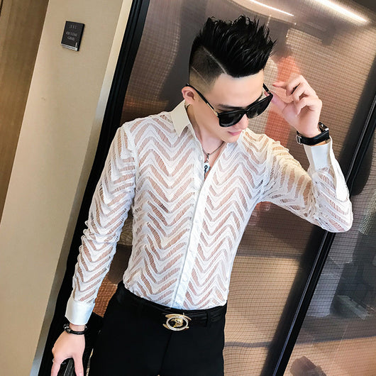 Camisa de Encaje Transparente para Hombre - Estilo Clubwear Moderno - Image 6