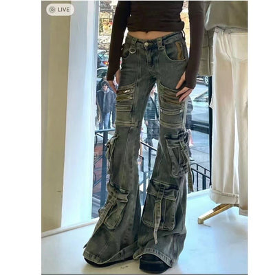 Pantalones Cargo Acampanados Desgastados Multi-bolsillos - Image 12
