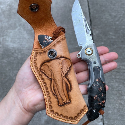 Cuchillo Plegable de Supervivencia Camping - Acero Damasco Alta Dureza