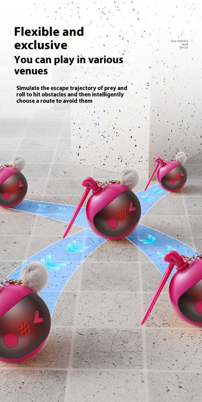 Rose red and black spherical cat toy with a grey pom-pom and suction cup base for self-play. - Image 21