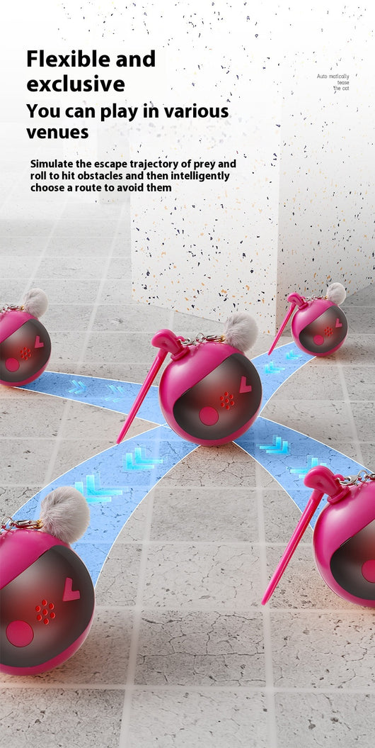 Rose red and black spherical cat toy with a grey pom-pom and suction cup base for self-play. - Image 21