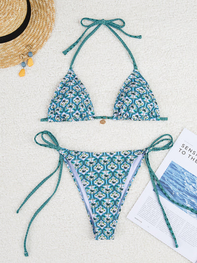 Red floral print triangle cup bikini set with matching bottom, featuring a small gold charm on the top. - Image 6