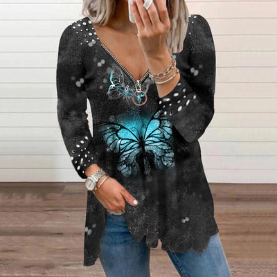 Blusa Pullover Mujer Cuello V con Cremallera y Estampado Perla - Image 4