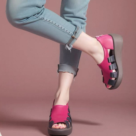Sandalias Cuña de Cuero Genuino para Mujer con Suela Cómoda y Gruesa
