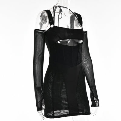 Vestido Ajustado Backless con Malla Transparente y Falda Cadera - Image 19