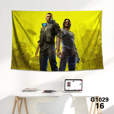 Cyberpunk 2077 tapestry featuring V and Jackie Welles with a neon-lit futuristic city skyline background. - Image 7