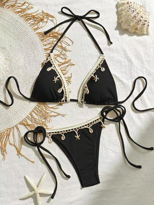 Light pink ribbed halterneck bikini with triangle cups and tie-side bottom, adorned with shell and starfish charms. - Image 9