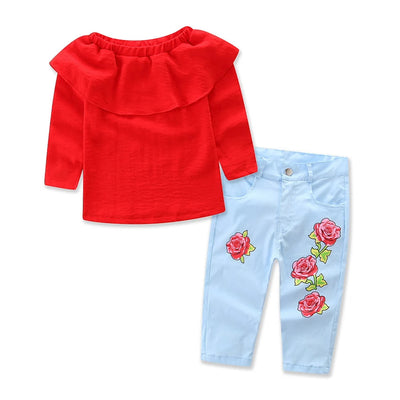 Conjunto Infantil Elegante: Blusa Roja Hombro Descubierto + Pantalón Rosa - Image 7