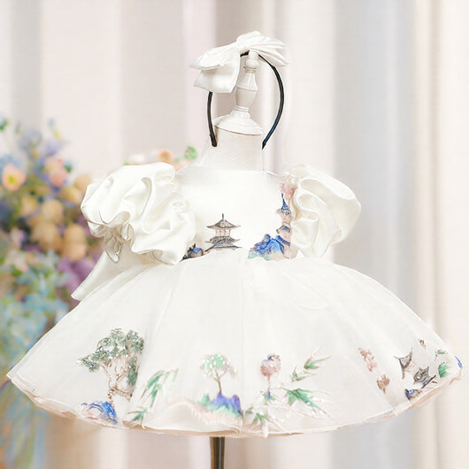 Vestido de Fiesta Infantil Blanco con Mangas Abullonadas de Satén - Image 4