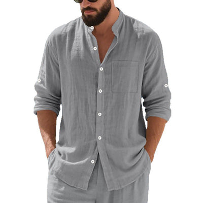 Camisa de Lino Transpirable para Hombre con Cuello Mao y Manga Larga - Image 5