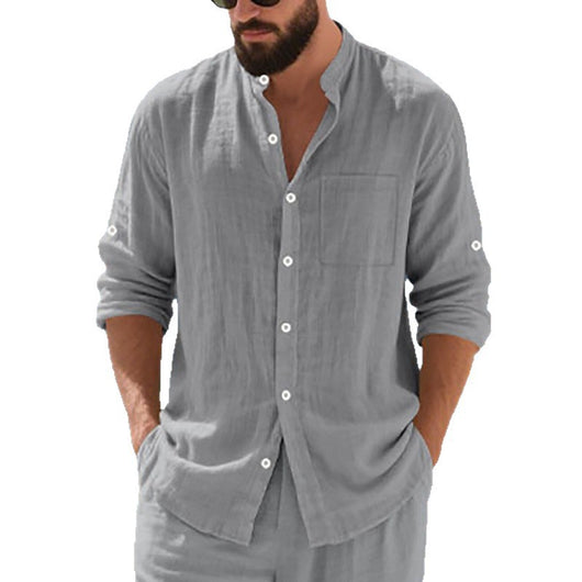 Camisa de Lino Transpirable para Hombre con Cuello Mao y Manga Larga - Image 5