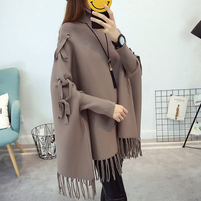 Poncho Suéter Cuello Alto Tejido Suelto Estilo Capa - Image 12
