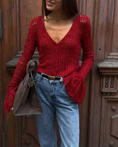 Blusa Corta Tejida con Mangas Acampanadas y Cortes Atrevidos - Image 10