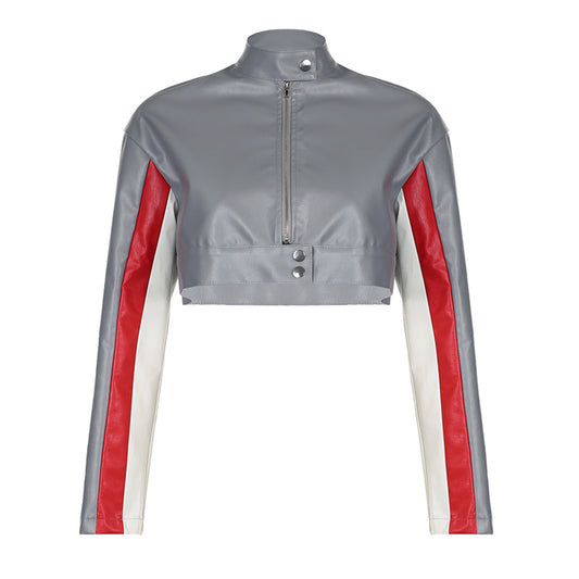 Chaqueta Motociclista Estilo Americano con Cuello Alzado y Contraste de Colores - Image 2