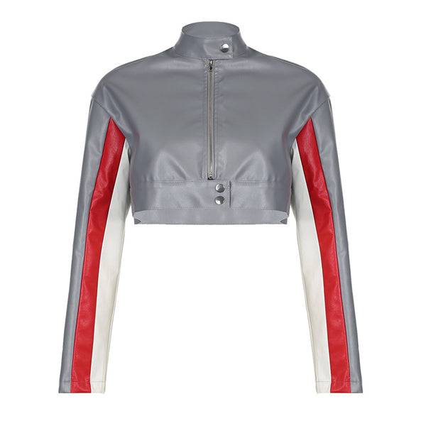 Chaqueta Motociclista Estilo Americano con Cuello Alzado y Contraste de Colores