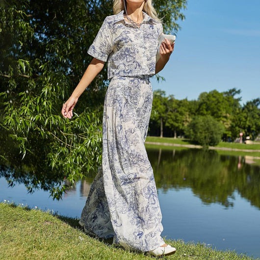 Conjunto de Dos Piezas: Camisa Estampada con Pintura China y Pantalón Ancho Cintura Alta - Image 3