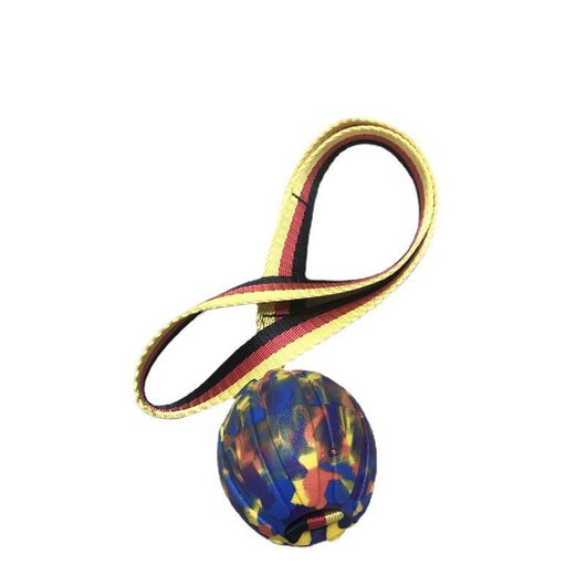 Yellow EVA pet training ball with a black, red, and yellow striped tether, designed for water play. - Image 5