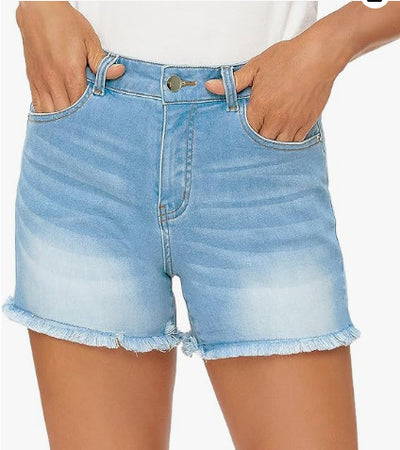 Shorts Denim Talle Alto Ajustado con Flecos - Versátil para Mujer - Image 11
