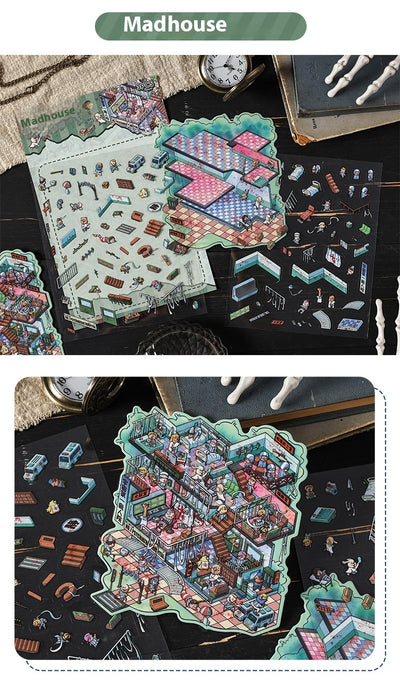 Cartoon 'Madhouse' themed PET sticker set with a multi-level hospital scene and individual character/object stickers. - Image 15