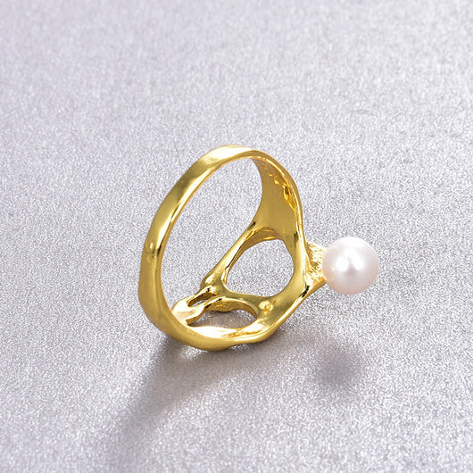 Anillo de Plata S925 Bañado en Oro 18k con Perla y Diseño Calado - Image 3