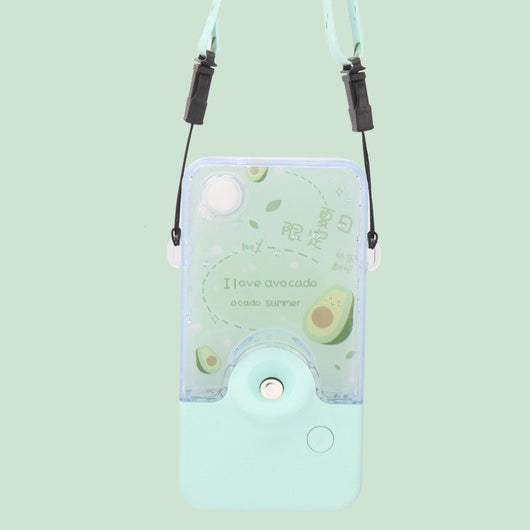 Pink and clear portable handheld humidifier with a fruit pattern, mist nozzle, and a matching pink neck lanyard. - Image 13