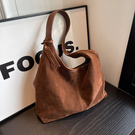 Bolso de Hombro de Ante Vintage con Costuras para Mujer