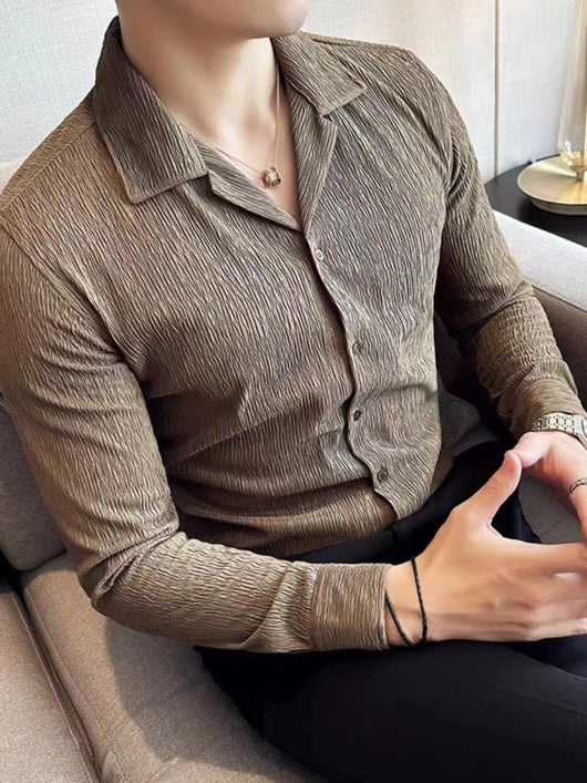 Camisa Manga Larga Cuello Cubano con Pliegues para Hombre - Image 19
