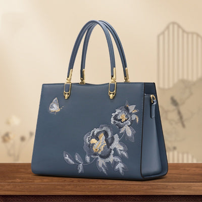 Bolso Diana de Cuero con Bordado de Peonía y Mariposa - Gran Capacidad - Image 2