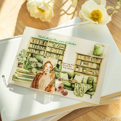 Set of 20 PET stickers featuring watercolor illustrations of cozy reading nooks, bookshelves, books, and related items. - Image 4