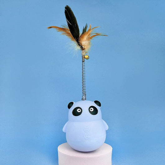 Light blue panda tumbler pet toy with a spring-attached feather and bell, designed to dispense treats. - Image 7