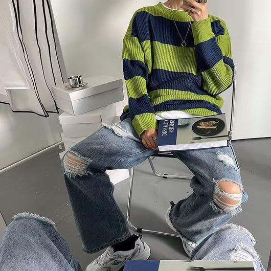 Suéter Holgado de Cuello Redondo con Rayas para Hombre - Estilo Casual Otoño Invierno - Image 9