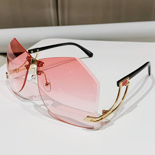 Rimless sunglasses with gradient pink lenses and gold-tone hollow temples, featuring a unique quadrilateral shape. - Image 6