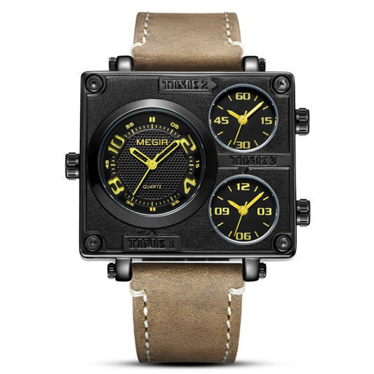 Reloj Deportivo Cuadrado Retro Multi-Zona Horaria con Correa de Cuero