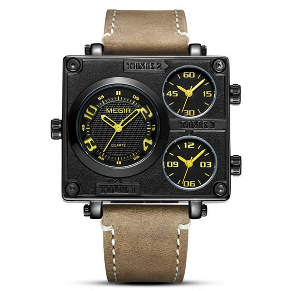 Reloj Deportivo Cuadrado Retro Multi-Zona Horaria con Correa de Cuero