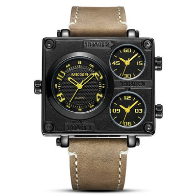 Reloj Deportivo Cuadrado Retro Multi-Zona Horaria con Correa de Cuero