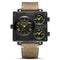 Reloj Deportivo Cuadrado Retro Multi-Zona Horaria con Correa de Cuero