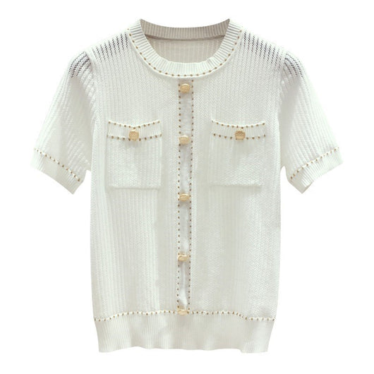 Blusa de Seda Brillante Tejida Manga Corta para Mujer - Image 4