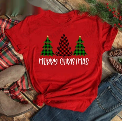 Red women's t-shirt with "Merry Christmas" text and three Christmas trees, featuring buffalo plaid and leopard print. - Image 5
