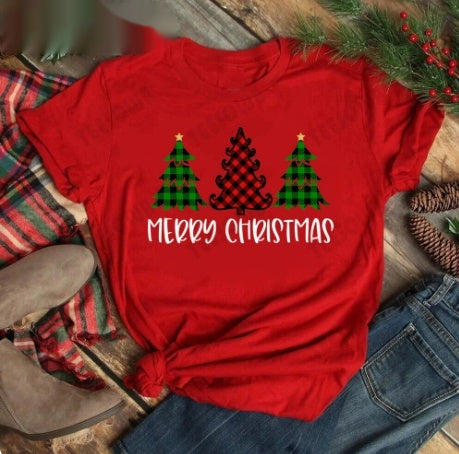 Red women's t-shirt with "Merry Christmas" text and three Christmas trees, featuring buffalo plaid and leopard print. - Image 5