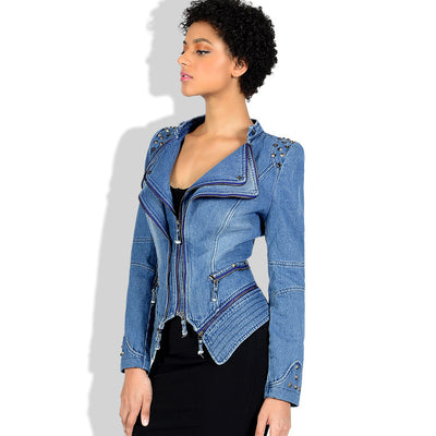 Chaqueta de Cuero Motociclista Ajustada con Remaches para Mujer - Image 10