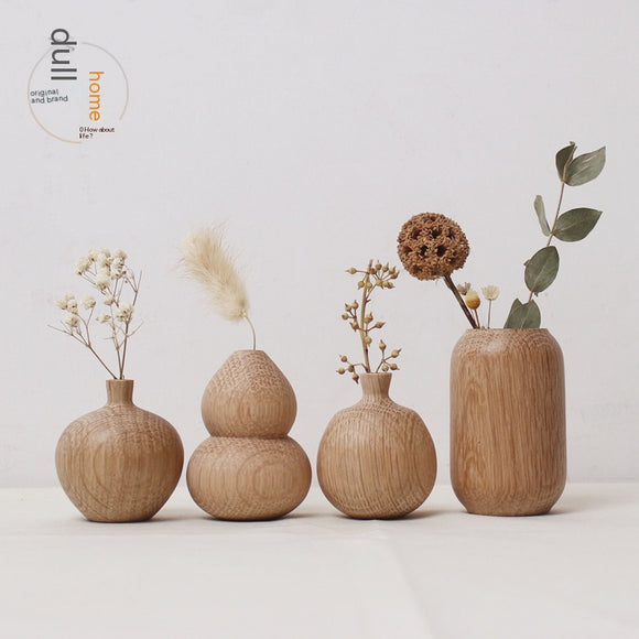 Jarrón de Madera Maciza Estilo Japonés con Flores Secas Decorativas